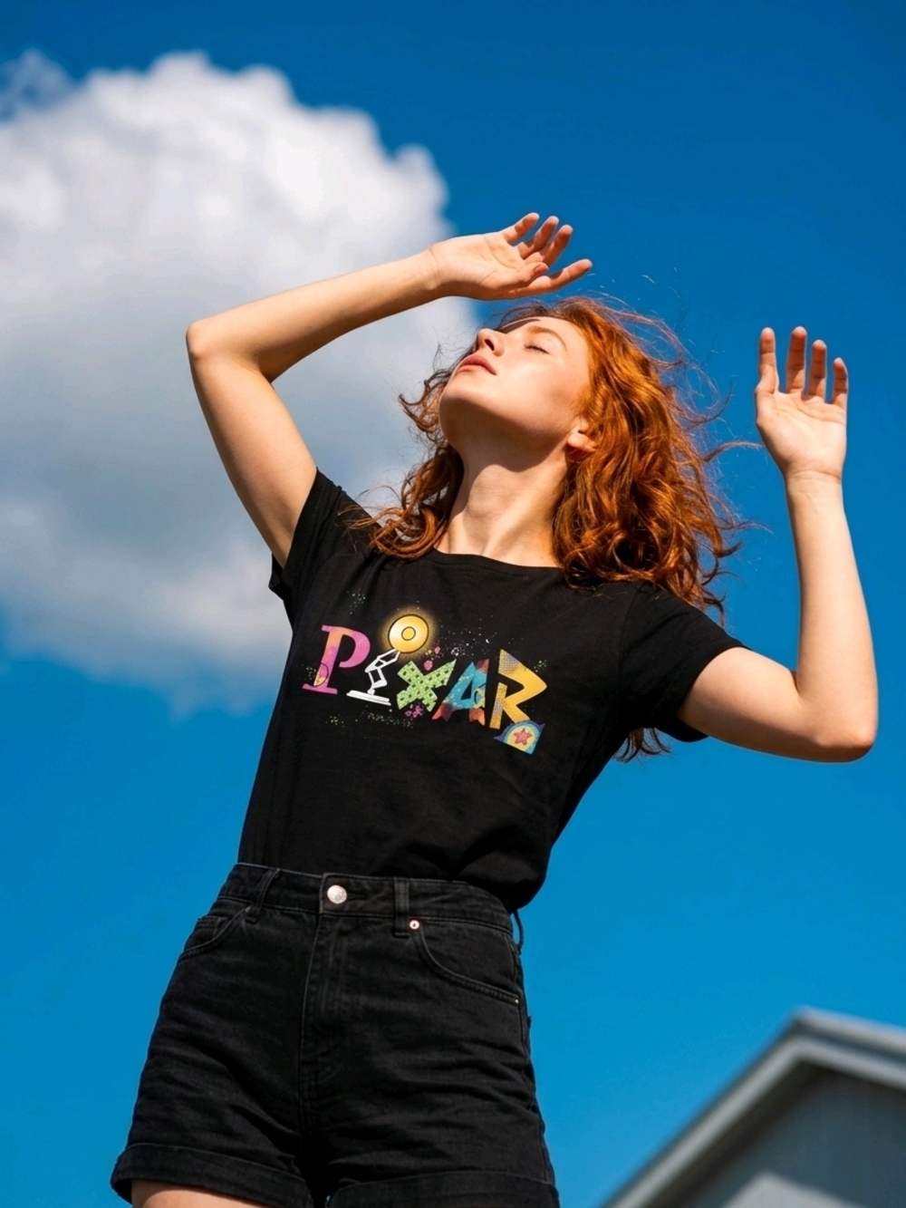 Women's Black Short Sleeve Tee with Colorful Pixar-Inspired Graphic